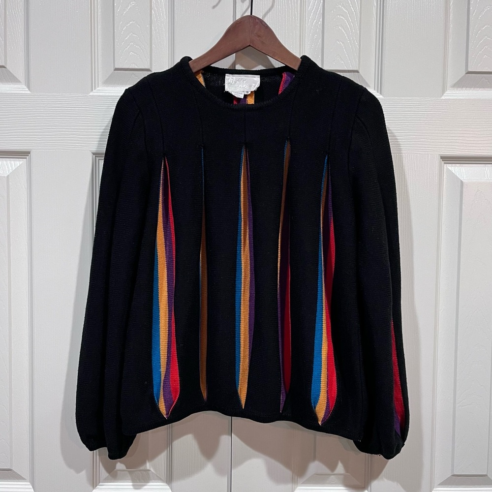Vintage 1980's Black Rainbow Stripe Acrylic Sweater Small